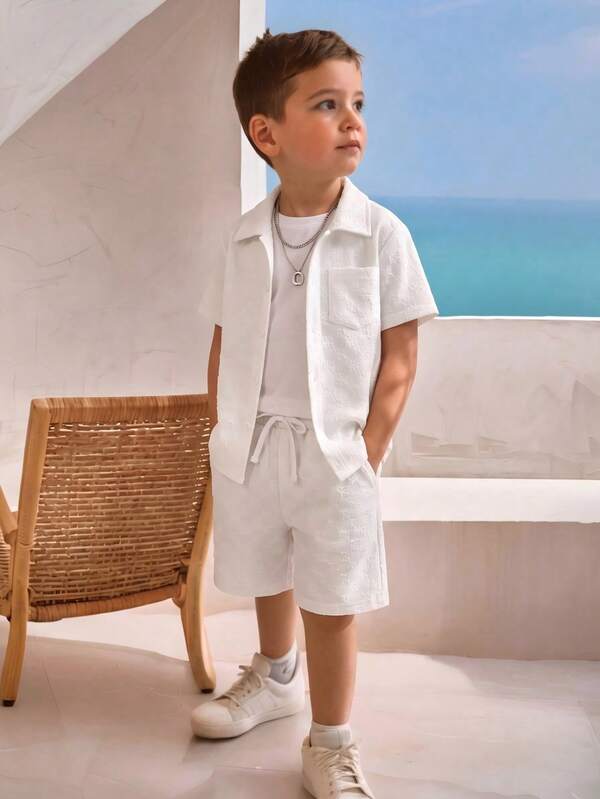 Vihyde Boys 3D Embossed Fabric Short Sleeve Shirt & Shorts 2 Pieces Set For School, Daily Wear, Beach, Travel, Vacation Season (T-Shirt Not Included)