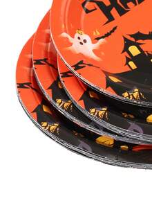 10/24pcs Disposable Paper Tableware Set, Includes 7/9 Inch Disposable Paper Plates, Cups And Napkins, Orange Halloween Theme, Haunted House, Ghost, Pumpkin, Bat And Tombstone Cartoon Patterns, Suitable For Halloween Party Celebration - Halloween Castle - View 8