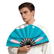 Fun Cartoon Blush Expression Kung Fu Sounding Fan, Lake Blue Fabric Folding Fan, Party Outfit Decoration Large Fan - Multicolor - View 2