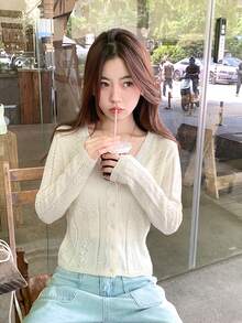 Elegant White Lace Knit Cardigan, Pure Sweet V-Neck Long Sleeve Women's Sweater, Daily Wear - Apricot - View 6