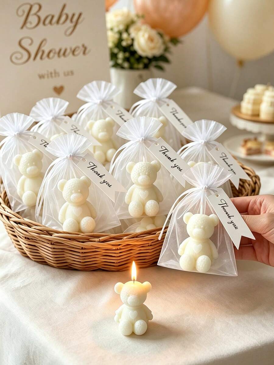 12/6/1 Set - Bear Wearing Heart Sweater Themed Aromatherapy Candle Baby Shower Party Favor Set, Animal Candles (Includes Organza Bag & Thank You Tag), Handmade Mini Cute Bear, Suitable For Baby Shower Gifts, Gender Reveal Party, Baby Shower Party Favors (White) - Multicolor - View 1