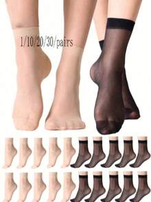 20 Pairs Women's Sheer Short Socks, Thin Spring/Summer Crystal Short Socks, Black And Light Nude, Transparent Versatile Casual Socks (No Card) - Beige - View 9