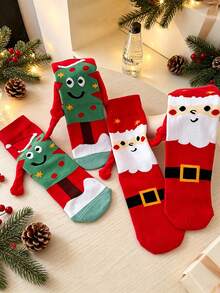 1/2 đôi tất cổ trung bình hoạt hình Giáng Sinh sáng tạo nắm tay, thiết kế vui nhộn Ông già Noel & Cây thông Noel, tất lễ hội đa năng cho quà tặng tiệc mùa Thu/Đông - Nhiều màu - Xem 4