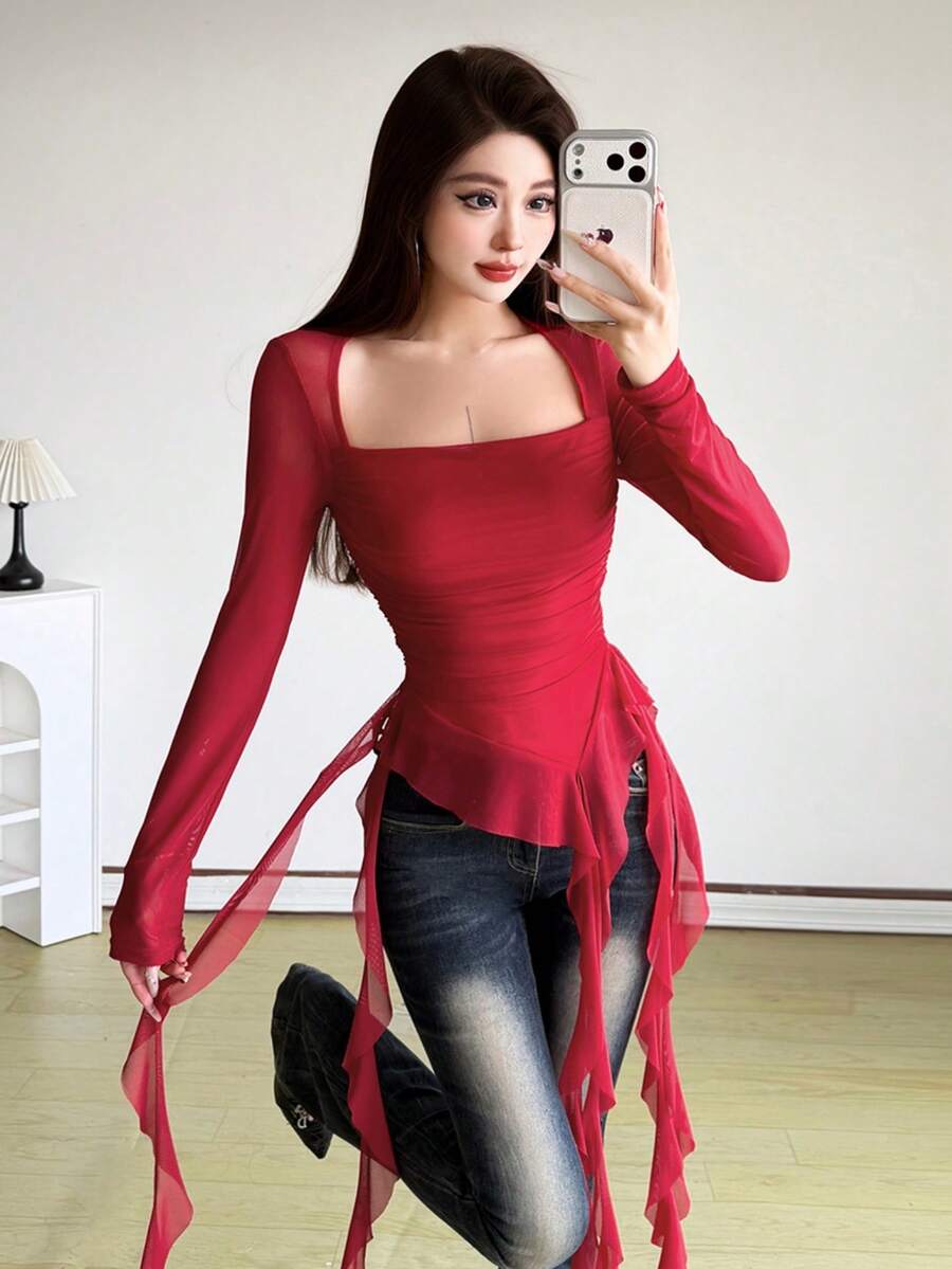 YeonC Mesh Long Sleeve Square Neck Fitted Tassel Patchwork Solid Color Versatile Blouse - Burgundy - View 1