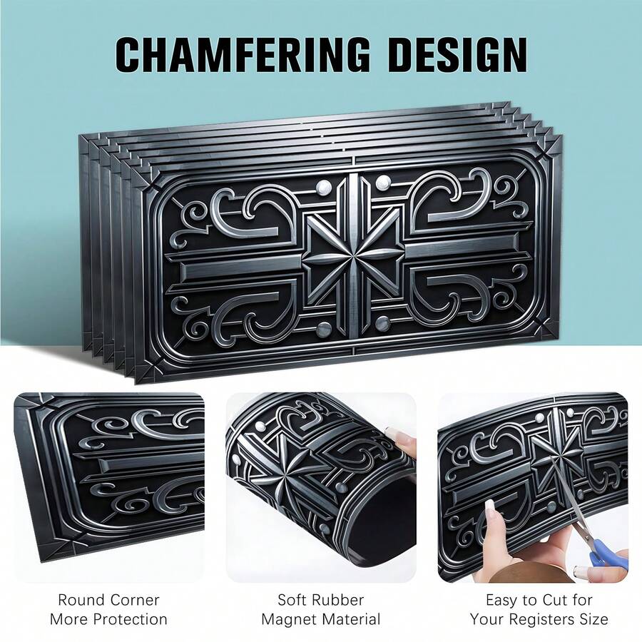 4pcs Home Chinese Traditional Geometric Pattern Enhanced Magnetic Flux Cover, 8"X15.5" Trimmable And Fully Sealed, Suitable For Floor, Air Conditioner And Ceiling Vents, Suitable For RV And Home HVAC Vents, With Noise Reduction Function, Adhesive Vent - Dark Grey - View 1