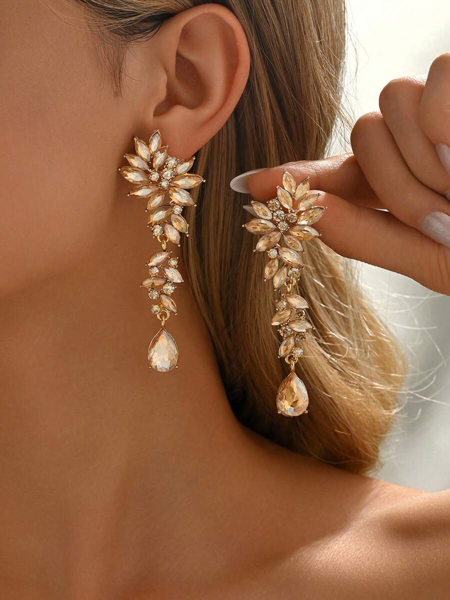 1 Pair Luxury Crystal Rhinestone Leaf & Water Drop Dangle Earrings, Suitable For Women Wedding, Gala, Performance, Party Accessories - Champagne - View 1