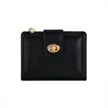 Japanese Style Student Minimalist Short Bi-Fold PU Women's Wallet, Zipper Multi-Function ID Card Holder Fashion Coin Purse - Black - View 6