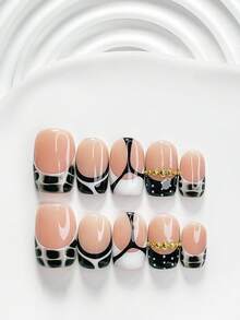 10片酷炫風格手工穿戴甲，Polygel美甲套組，鋼珠裝飾，黑白美甲油，復古風，附美甲工具，3種尺寸可選：方形、短方形、杏仁形，適合派對、舞蹈、日常佩戴（手工細節可能有所不同） - 彩色 - 查看 4