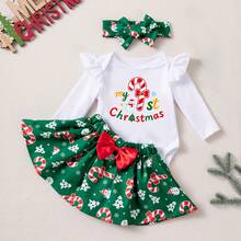 Autumn/Winter Baby Girl Holiday Outfit, Christmas Element Cartoon Print Pattern Flutter Sleeve Romper, Christmas Style Skirt, Hair Accessory 3-Piece Set, Infant Party Dress - White - View 15