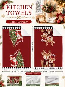 2pcs Christmas Cartoon Cute Reindeer Santa Claus Christmas Tree Illustration Pattern Kitchen Towels, Soft Polyester Material Dish Cloths, Suitable For Kitchen Decor, Kitchen Cleaning, Holiday Party Decoration, Kitchen Bathroom Supplies Home Essentials, Home Decor, Housewarming Gift - Multicolor - View 4