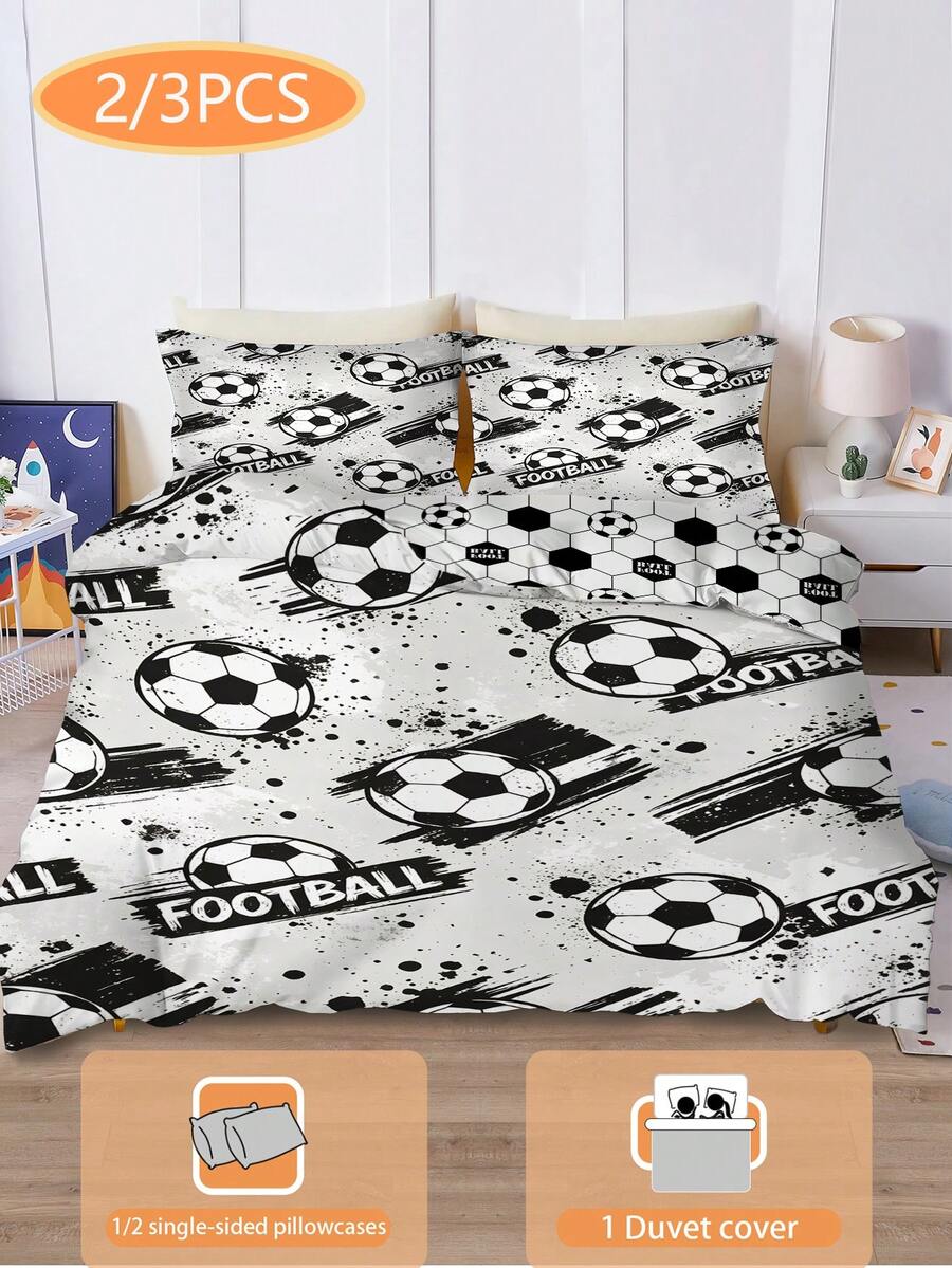2/3-teiliges Kinder Sport Fußball Bettbezug Set, umkehrbares Cartoon Muster Bettwäsche, inklusive Kissenbezug, weiche Mikrofaser Bettwäsche, Jungen Schlafzimmer Dekoration, ganzjährig, Reißverschluss (ohne Füllung), Kissenbezug Größe 50x75cm, 100% Polyester - Verschiedenfarbig - Übersicht 1