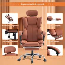 High-Back Office Chair, Ergonomic Computer Desk Chair,  Retractable Footrest, Bedroom Dressing Chair With Headrest & Lumbar Support, Suitable For Entertainment And Office Use - Brown - View 3