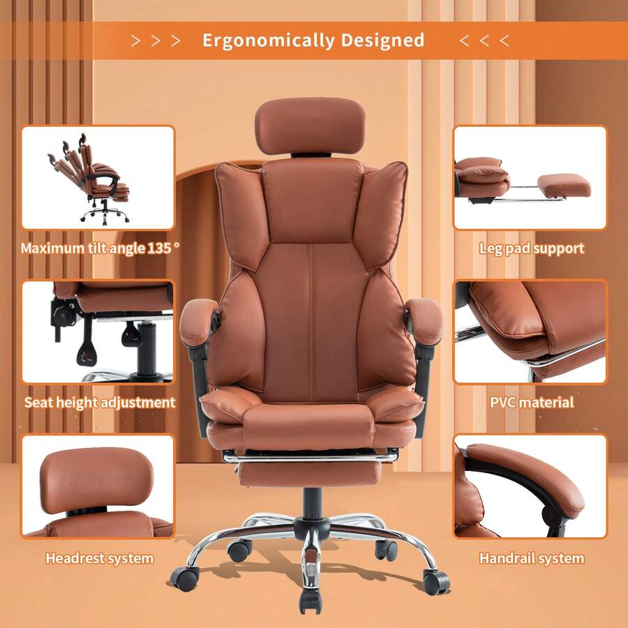 High-Back Office Chair, Ergonomic Computer Desk Chair,  Retractable Footrest, Bedroom Dressing Chair With Headrest & Lumbar Support, Suitable For Entertainment And Office Use - Brown - View 1
