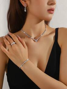 Light Luxury Zirconia 5-Piece Geometric Necklace Jewelry Set, Suitable For Women's Daily Commute And Bridal Party Wear, Elegant And Glamorous High-End Accessory - Multicolor - View 1