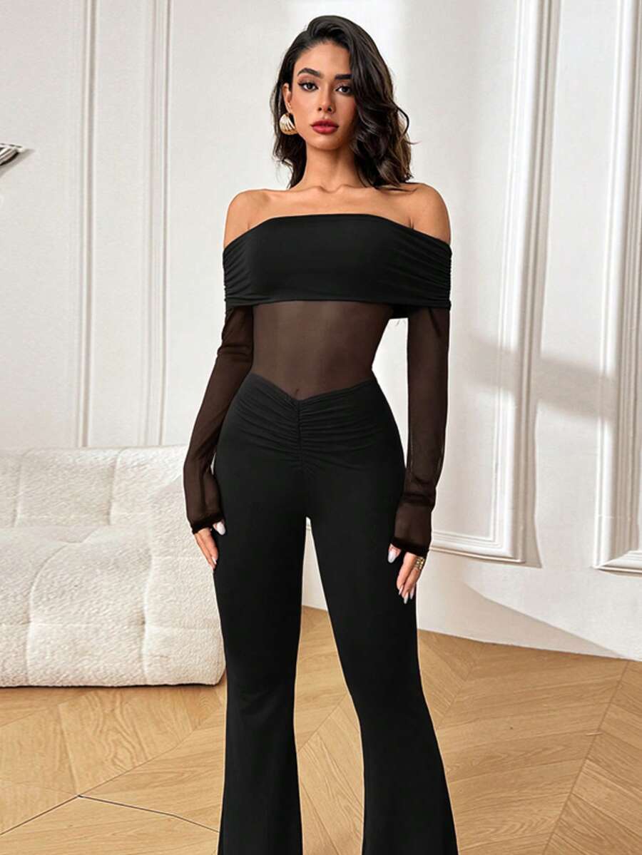 Autumn Long Sleeve Jumpsuit, Cold Shoulder Long Sleeve Jumpsuit With Pleated Contrast Color Mesh And Tulle Details, Party Date Banquet Jumpsuit