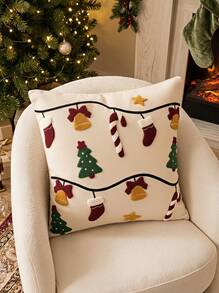 Cirelle 1pc Christmas Tufted Embroidered Pillow Case, 18x18 Inch Soft Plush Christmas Tree, Bell, Christmas Stocking, Candy Cane And Star Decorative Cushion Cover, Suitable For Sofa Bed, Holiday Home Decor, Without Insert - Beige - View 5