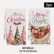 2pcs Pink Christmas Tree & Sleigh Pattern Kitchen Towels, Watercolor Style, Rectangular Microfiber Kitchen Towels, Dish Cloths, Scouring Pads, Hand Towels, Cooking & Baking Tea Towels, Christmas Kitchen Decor, Housewarming Gift, Birthday Gift, Bathroom Cleaning Cloths, Decorative Towels - Pink - View 12