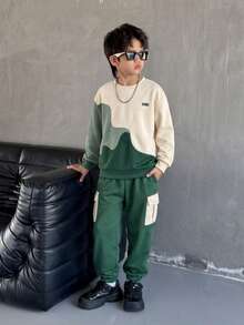Vihyde Tween Boys Street Style Color-Matched Patchwork Sports Outfit For School, Autumn And Winter Jogging, Workwear Two Pieces Set - Apricot - View 1