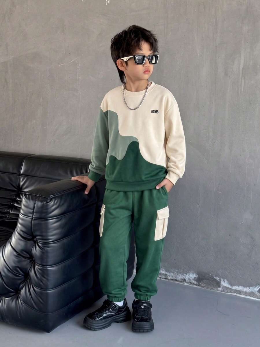 Vihyde Tween Boys Street Style Color-Matched Patchwork Sports Outfit For School, Autumn And Winter Jogging, Workwear Two Pieces Set - Apricot - View 1