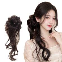 LYSW Side Ponytail Hair Scrunchie, Extra Long Bun Wig For Women, Vintage Korean Style Flower Bud Side Updo, Voluminous Bun Hair Accessory HA2906 - Multicolor - View 1
