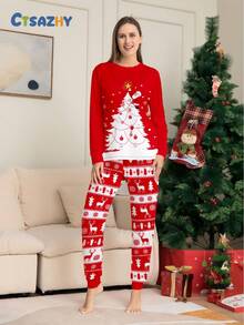 Christmas Santa Xmas Tree Print,Contrast Color Long Sleeve Top & Pants Pajama Set,Women Pjs Sleepwear,Red,Autumn,Cute,Slee - Multicolor - View 6