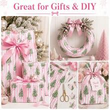 17in*9.8ft Pink Christmas Wrapping Paper Roll, Vintage Christmas Tree Gift Wrapping Paper With Bow Ribbon And Striped Pattern, Holiday Wrapping Paper For Christmas Gifts, Party Decor And DIY Crafts - 9.8FT - View 10