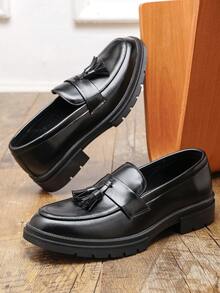 1 Pair Solid Color Basic Preppy Vintage Microfiber Leather Tassel Derby Shoes Thick Sole Outdoor Office Wedding School Spring Autumn - Black - View 1