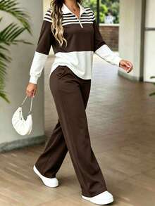 Women's Spring/Autumn New Fashion Colorblock Pullover Long Sleeve Top + High Waist Casual Versatile Straight Leg Pants 2-Piece Set - Dark Brown - View 5