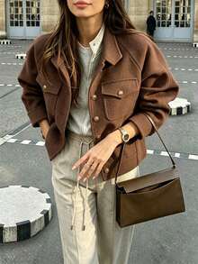 Autumn/Winter New Deep Coffee Color Stand Collar Raglan Sleeve Metal Button Double Pocket Short Jacket Casual Elegant Commute Style Vacation Daily Office Travel Date - Brown - View 5