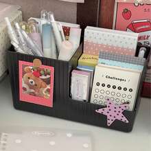 Multi-Compartment Desktop Stationery Organizer, Large Capacity Pen Holder Storage Box, Suitable For Back To School Season, Multi-Compartment Design Can Store Pens, Sticky Notes, Stickers, Cute Aesthetic Desktop Decor - Striped Storage Box - View 12