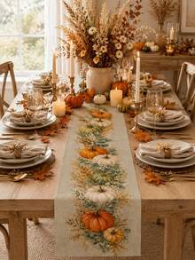 1pc-Autumn Linen Table Runner, Sage Green Pumpkin Table Decor, Neutral Fall Farmhouse Table Runner For Dining Table, Thanksgiving Kitchen Decoration, Rustic Harvest Holiday Centerpiece Cloth For Family Dinner And Home Party - Apricot - View 5