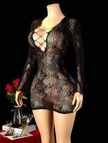 Women's Sexy Lingerie Seductive Front Cutout Fishnet Bodycon Mini Dress Long Sleeve See Through Mesh Babydoll For Night Club Party - Black - View 3