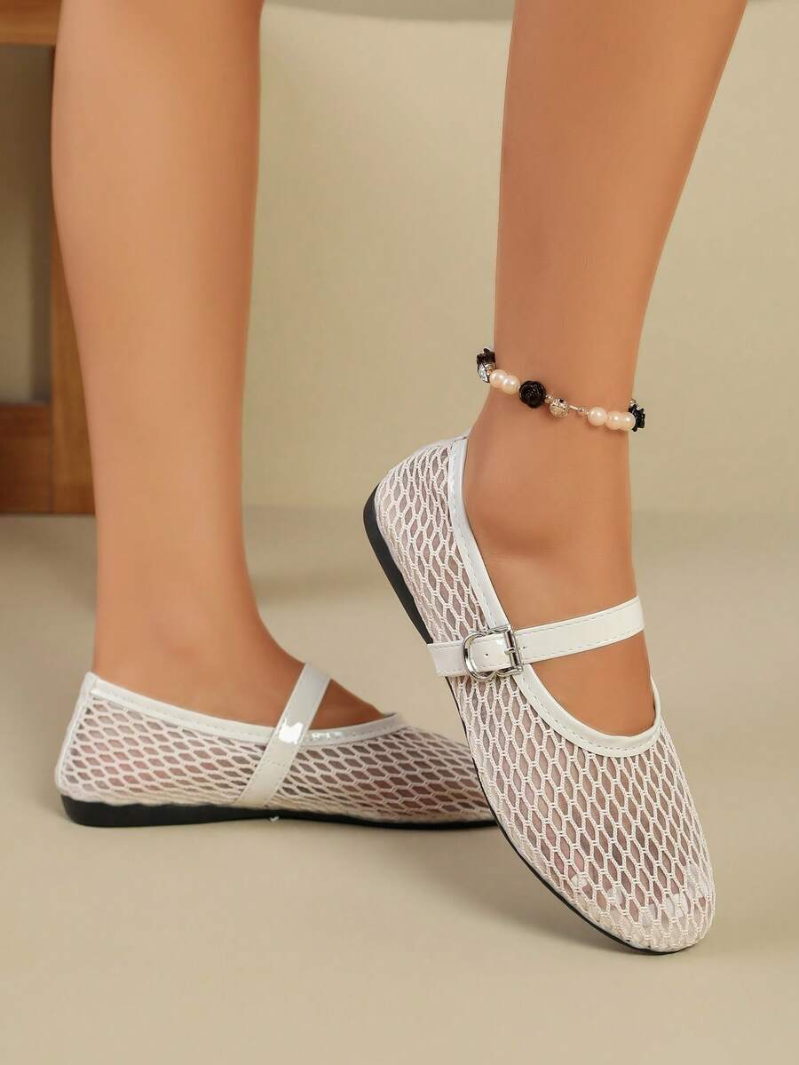 White Mesh Mary Jane Flats, Hollow Out Breathable Buckle Strap Slip-On Shoes For Women - White - View 1