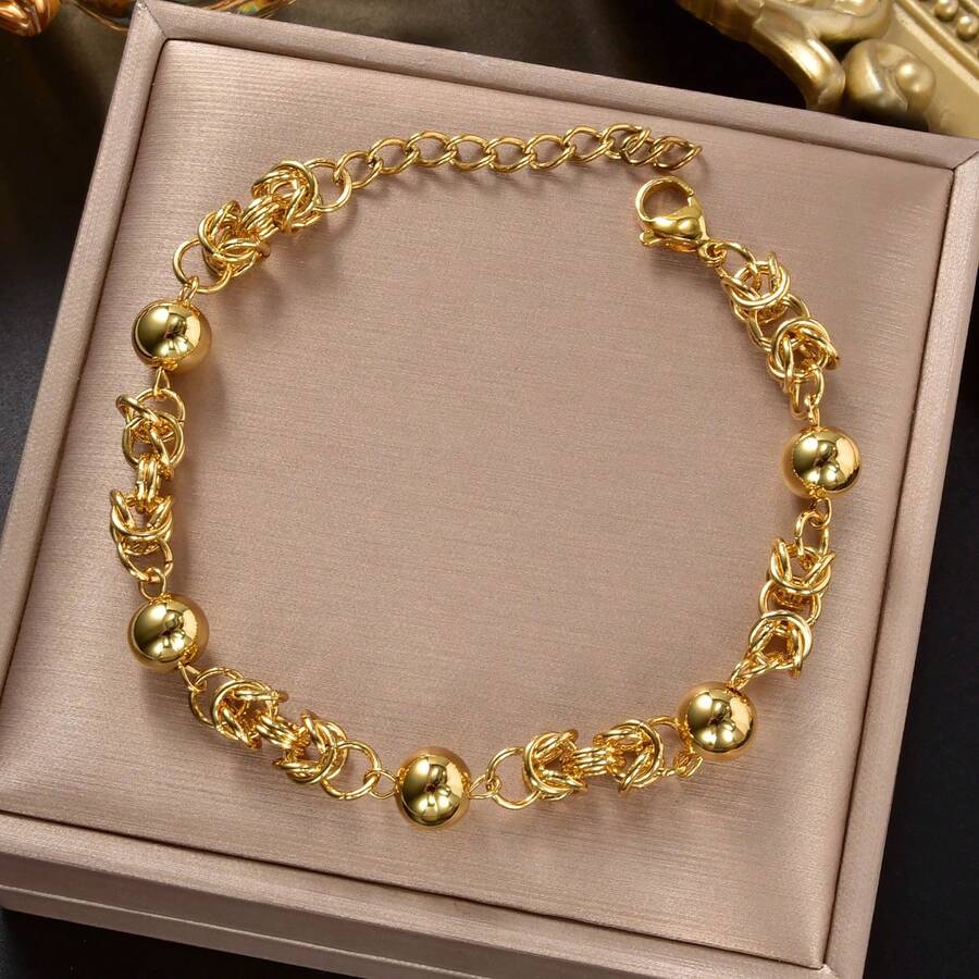 Elegant Charm 18K Gold Plated Stainless Steel Vine Design Beaded Bracelet, Suitable For Women's Daily Wear And Party, Gift - Gold - View 1