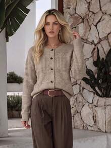NiceArt Women's Vintage Khaki Wool Blend Polka Dot Waffle Knit Cardigan, Elegant Casual, Suitable For Office Autumn Winter Daily Wear, Halloween - Khaki - View 8