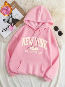 Es Trus Plus, Autumn And Winter Women's "New York" Pattern Printed Street Fashion Korean Y2k Clothing Pink Plus Size Hooded Sweatshirt - Pink - View 1