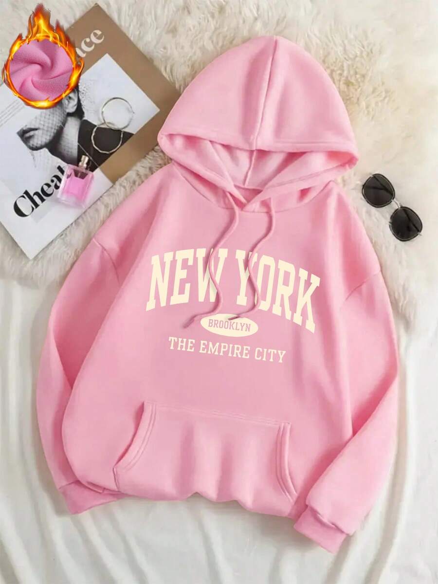 Es Trus Plus, Autumn And Winter Women's "New York" Pattern Printed Street Fashion Korean Y2k Clothing Pink Plus Size Hooded Sweatshirt - Pink - View 1