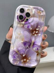 1件紫色蝴蝶花卉圖案手機殼，奶油白波浪邊框，閃亮紫色蝴蝶發光效果，搭配水晶亮片與紫色花朵金屬紋理圖案，柔軟TPU防震防摔保護手機殼，適合女孩/女性，展現優雅夢幻美感，兼容三星系列手機 - 白色 - 查看 6