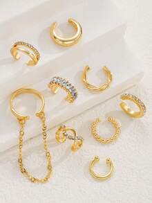 17KM 9pcs Simple Fashion Metal Geometric Asymmetrical 8-Shaped Rhinestone Ear Clips Earrings Set For Women, Sisters, Vacation, Date, Gift, Casual Daily Wear - Yellow Gold - View 6