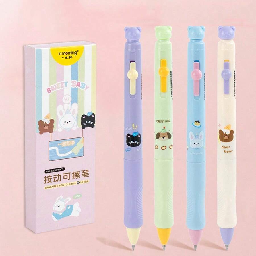 4 pcs Pulpen Netral Penghapus Termal Sweet Baby Slide Samping Klik 0,5 mm Hitam/Biru Motif Kartun Lucu untuk Pelajar, Desain Kartun Bayi Manis Menggemaskan dengan Berbagai Pola, Tampilan Segar dan Menarik, Ujung Bullet 0,5 mm, Pilihan Tinta Hitam/Biru, Menulis Halus, Tulisan Jelas, Mudah untuk PR dan Catatan Harian, Desain Inti Slide Samping Inovatif, Tidak Perlu Tekan Bagian Atas, Cukup Dorong Tombol Samping untuk Memperpanjang Mata Pena, Pengoperasian Simpel dan Praktis, Bagian Atas Pena Bentuk Beruang dengan Penghapus Terintegrasi
