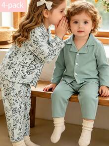 Set Pakaian Rumah Lucu 4 Potong untuk Bayi Perempuan Sepanjang Musim, Motif Bunga & Warna Polos, Atasan Lengan Panjang dan Celana Panjang dengan Kerah Lipat dan Kancing - MultiWarna - View 2