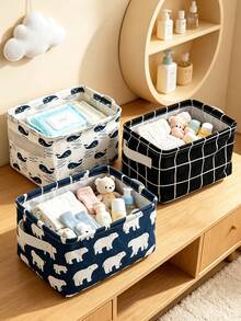 Baby Nursery Fabric Storage Basket With Multiple Pattern Options, Baby Wipes, Bibs, Toys Organizer Bin, Foldable With Handle, Home Desktop Sundries Storage Basket (Note: Texture, Color, And Line Of The Handle Area Are Random) - Multicolor - View 1