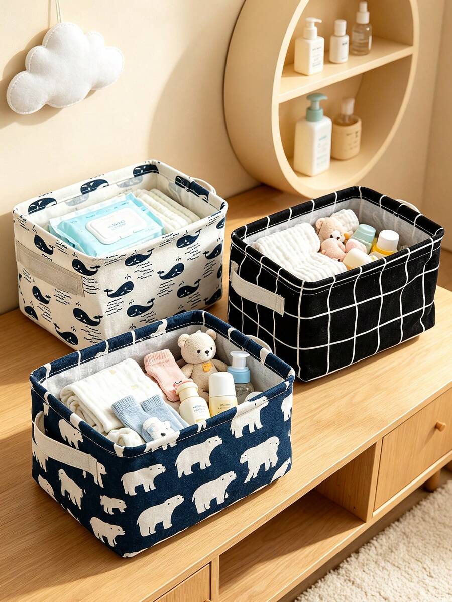 Baby Nursery Fabric Storage Basket With Multiple Pattern Options, Baby Wipes, Bibs, Toys Organizer Bin, Foldable With Handle, Home Desktop Sundries Storage Basket (Note: Texture, Color, And Line Of The Handle Area Are Random) - Multicolor - View 1