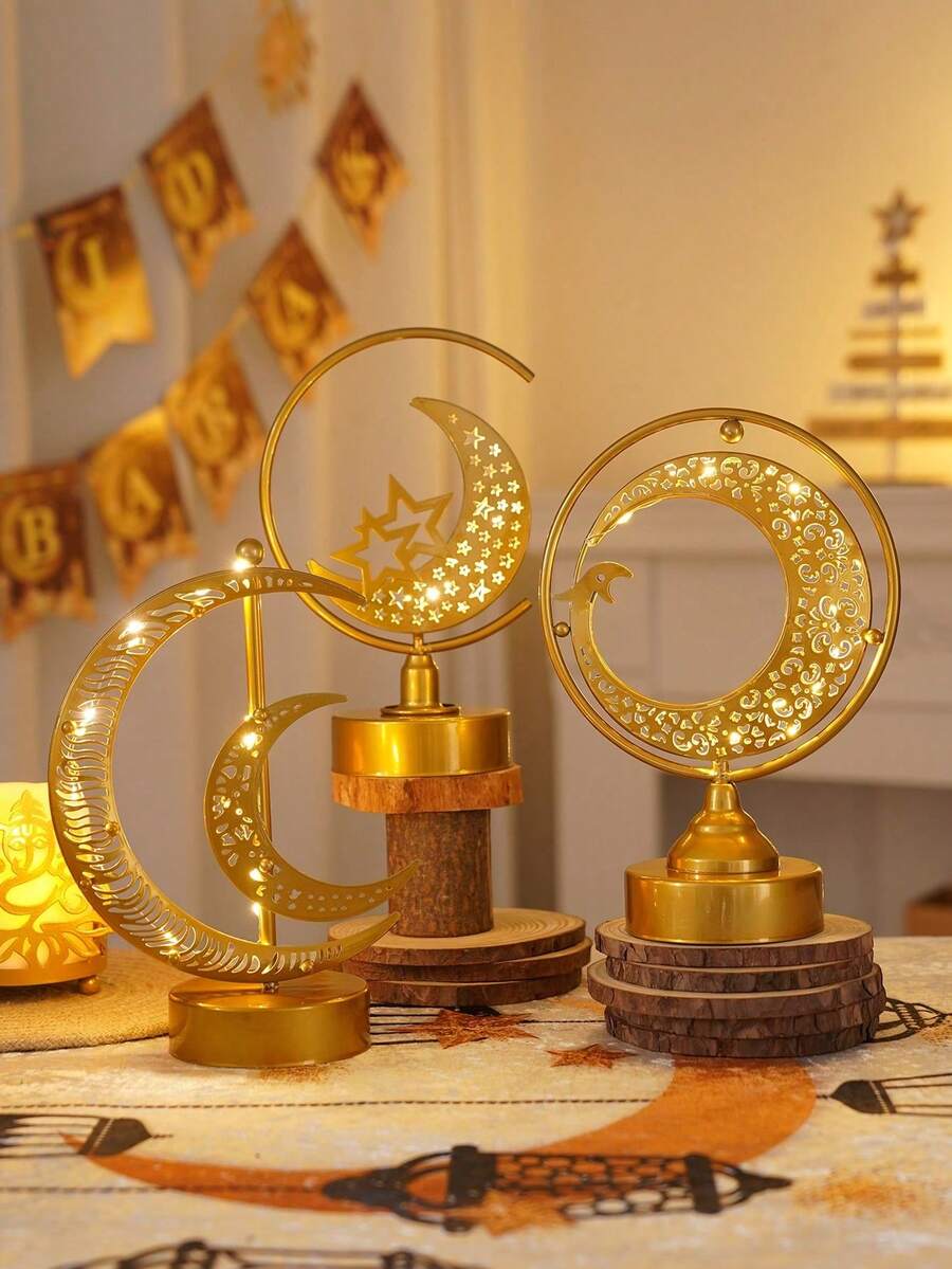1pc New LED Iron Art Moon & Star Hollow Lamp, Holiday Table Lamp, Atmosphere Decorative Light, Gift For Friends & Family, Suitable For Ramadan, Thanksgiving, Valentine's Day, Exquisite Room Decor - Multicolor - View 1