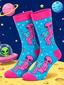 1 par de calcetines de media caña para hombre con divertido patrón de alienígenas, diseño de dibujos animados de planeta espacial, calcetines de otoño/invierno, regalo de Halloween/Navidad para hombres - Multicolor - Ver 2