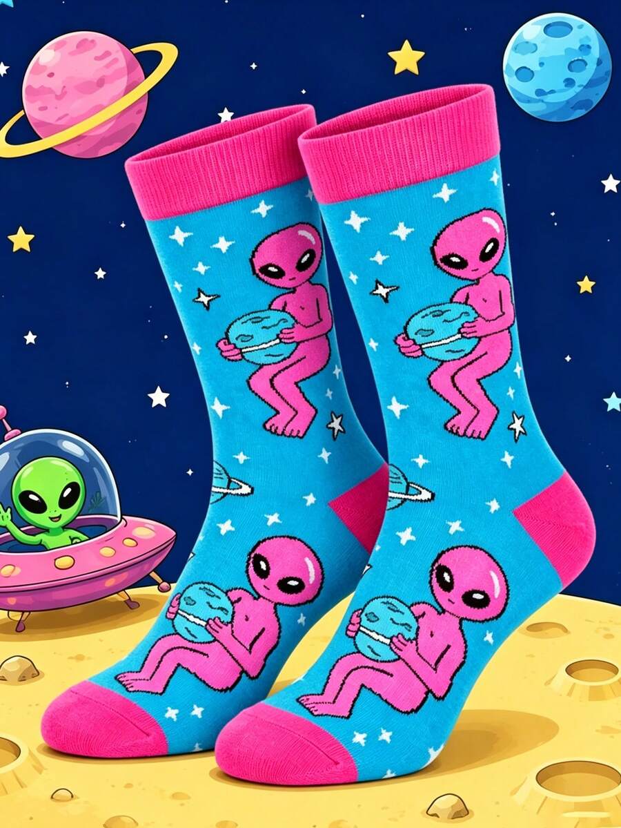 1 par de calcetines de media caña para hombre con divertido patrón de alienígenas, diseño de dibujos animados de planeta espacial, calcetines de otoño/invierno, regalo de Halloween/Navidad para hombres