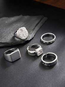 Bộ 5 nhẫn nam kim loại hình đồng xu hình học phong cách vintage, đính đá rhinestone sang trọng, trang sức nhiều lớp xếp chồng, quà tặng lý tưởng - Nhẫn kim loại hình học - Xem 4