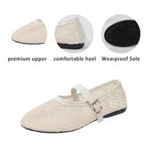 White Mesh Mary Jane Flats, Hollow Out Breathable Buckle Strap Slip-On Shoes For Women - White - View 3