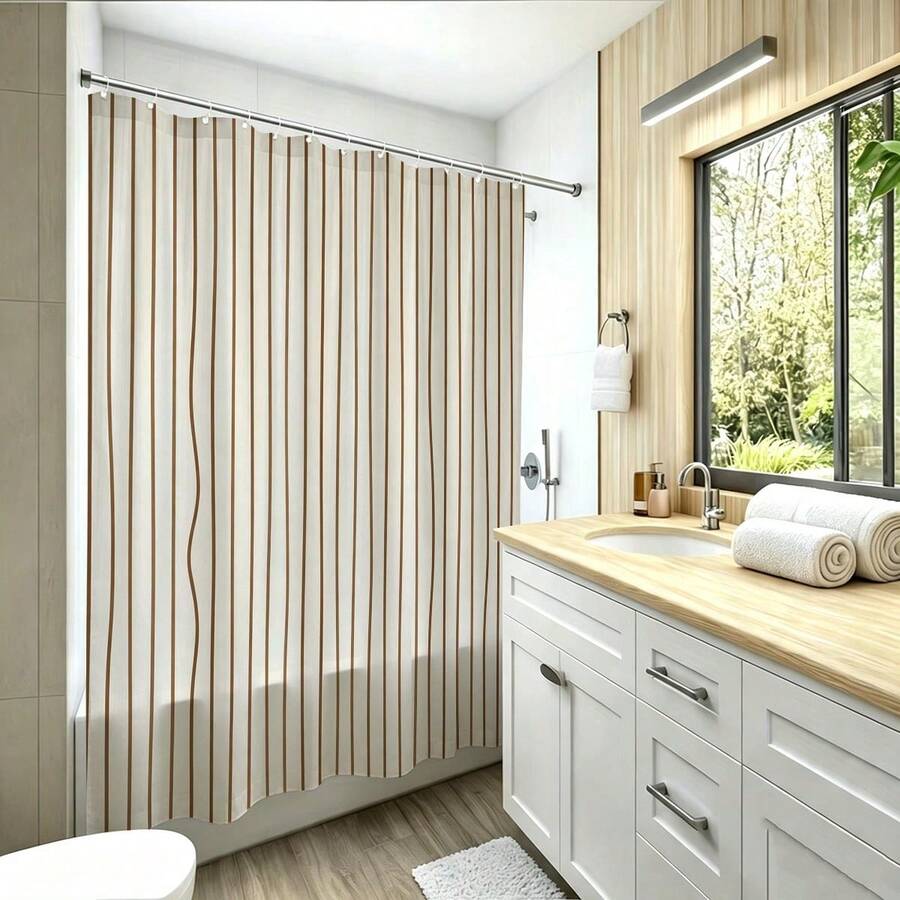 1pc Line Pattern Shower Curtain, Minimalist Design, Waterproof Bath Curtain, Suitable For Bathtub Partition, Bathroom Decor And Bathroom Accessories, Comes With 12 Hooks, Home Decor Gift - Multicolor - View 1