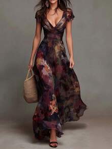 Vestido femenino de gasa fluida, escote V profundo, estampado de pintura artística, cintura entallada, falda amplia vaporosa - Marrón - Ver 7